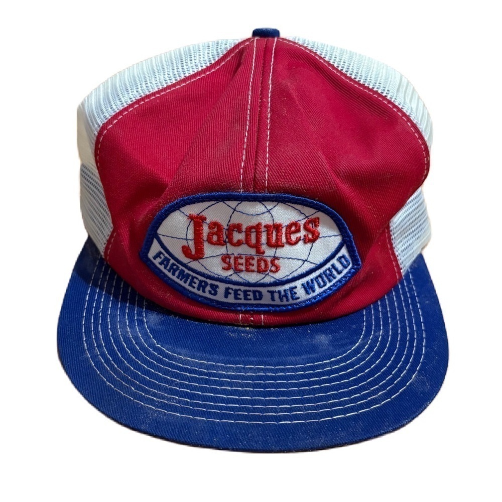 Jacques Seeds Red Blue Trucker Hat K Brand Vintage SnapBack Mesh Patch 1970s